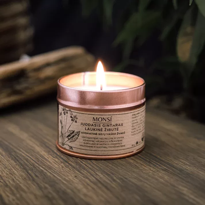 100ml. Aromatinė žvakė Juodasis gintaras + laukinė žibutė