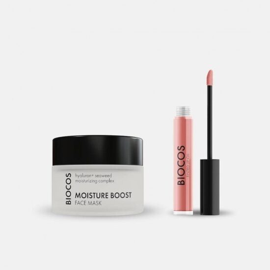 Drėkinamoji veido kaukė + lūpų aliejus su spalva