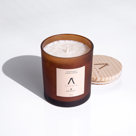 Žvakė amber spalvos stikliniame inde 250 gr